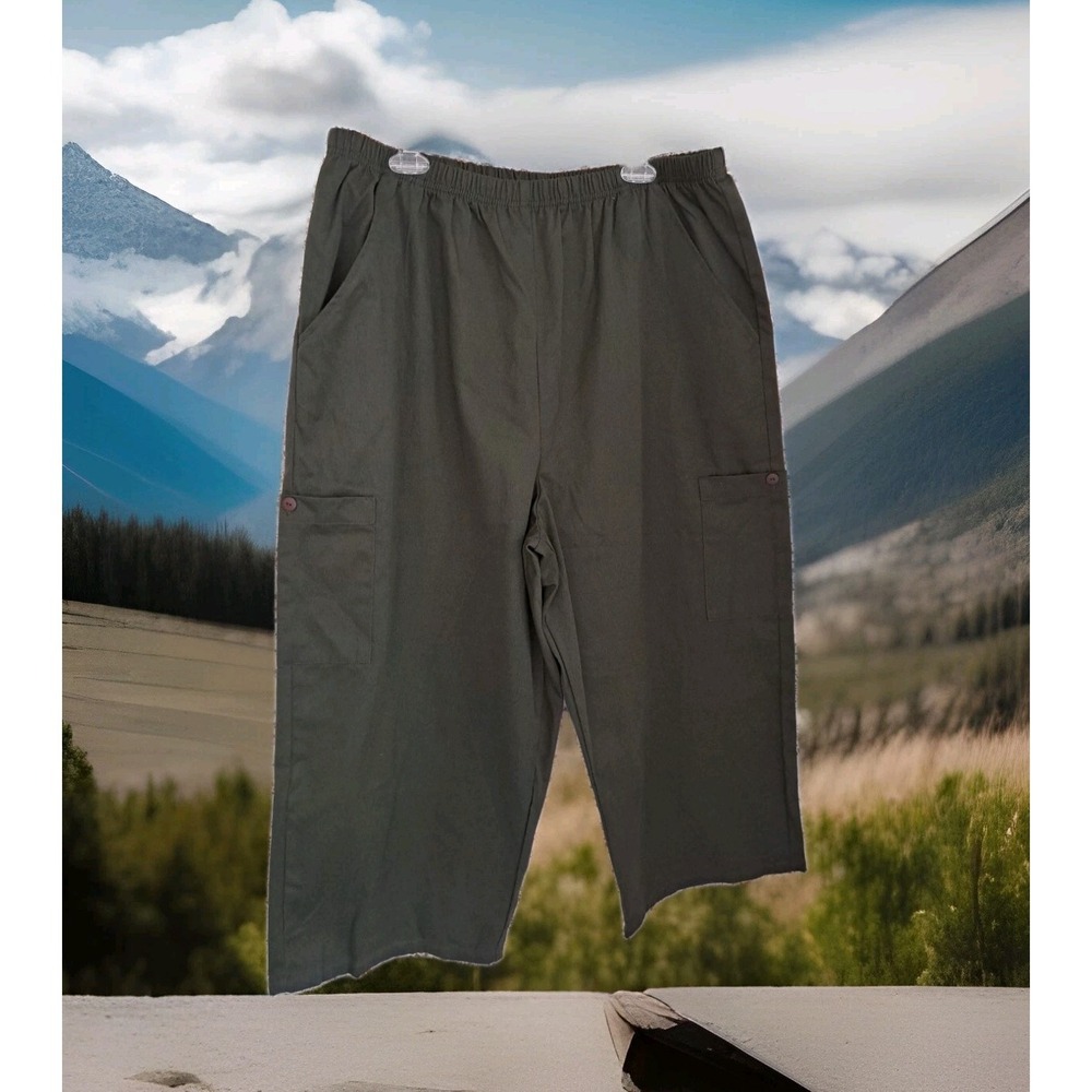 Bobbie Brooks Twill Capri Pants 24W‎ Olive Gr Cropped Elastic Waist Pockets NWT